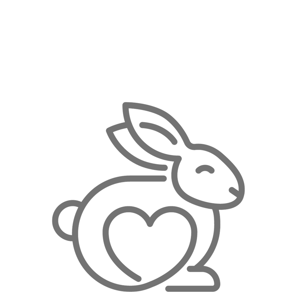 A stylized Leaping Bunny logo featuring a rabbit mid-jump, accompanied by a small heart symbol, representing a cruelty-free certification.