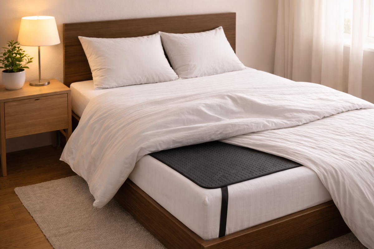 Black Grounding Sleep Mat laid on a white mattress in a cozy bedroom..