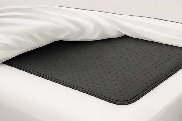Grounding mat placed on a mattress under the bed sheet.