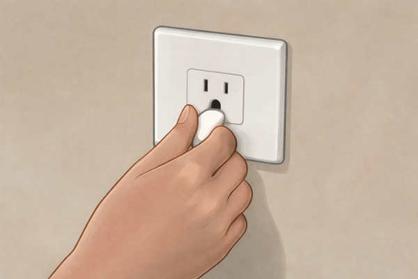 Hand plugging the grounding cord into a wall outlet.