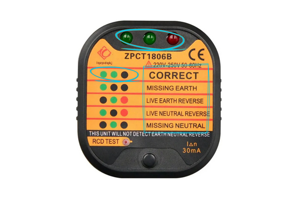 Close-up of the Outlet Grounding Tester with its indicator lights and wiring guide highlighted.