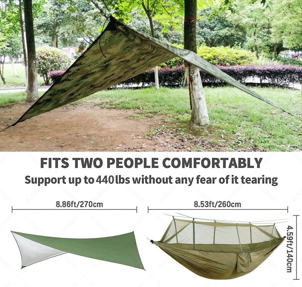 The Ultimate Outdoor Adventure tarp set up outdoors, illustrating space for up to 2 people underneath. The system supports a weight of up to 440lb/200KG. Below, the dimensions of the mosquito net and hammock are displayed, emphasizing the accommodating design for outdoor enthusiasts.