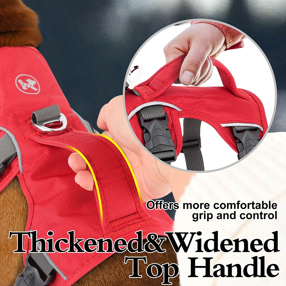 Close-up of the thickened and widened top handle on the red harness, showing how it provides a more comfortable grip and improved control.