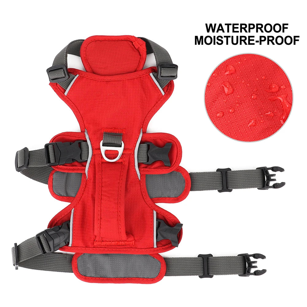 Red dog harness, highlighting the fabric on one side, proving that it is waterproof.