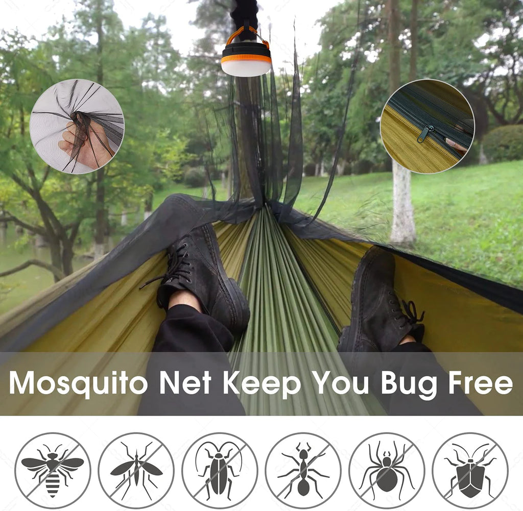 A view from the interior of the hammock showcasing a close-up of the durable mosquito net and its strong zipper closure. The phrase “mosquito net keeps you bug free” is displayed prominently. An inset image highlights various bugs that the net effectively prevents from entering, demonstrating the comprehensive protection offered by the netting.
