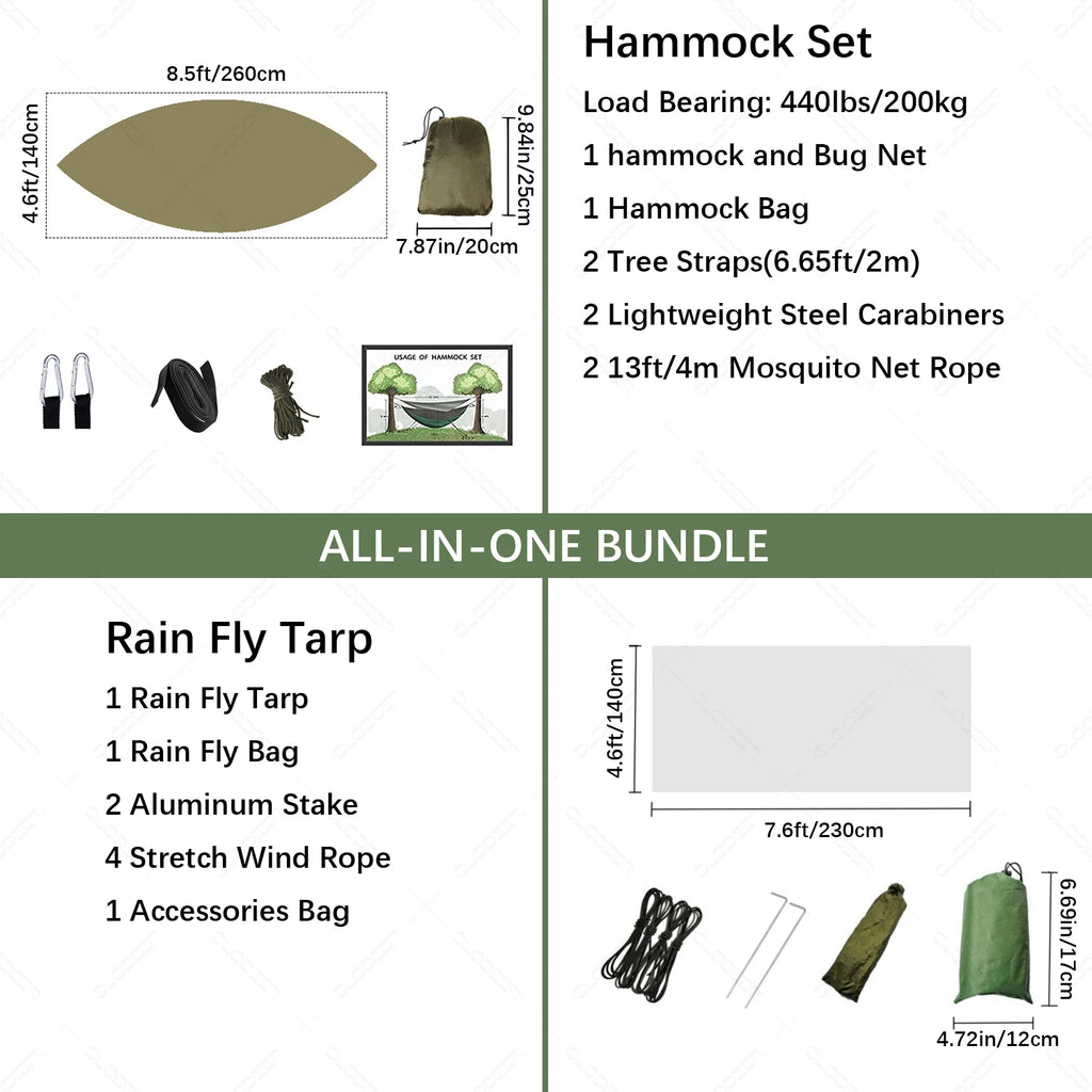 The Ultimate Outdoor Adventure Hammock Shelter System showcasing all included materials. It supports up to 440lb/200KG and includes: 1 hammock with bug net, 1 hammock bag, 2 tree straps measuring 6.65ft/2m, 2 lightweight steel carabiners, and 2 mosquito net ropes each 13ft/4m, with the phrase “all in one bundle” dividing the sections. Below, it lists additional items: 1 rain fly tarp, 1 rain fly bag, 2 aluminum stakes, 4 stretch wind ropes, and 1 accessories bag.