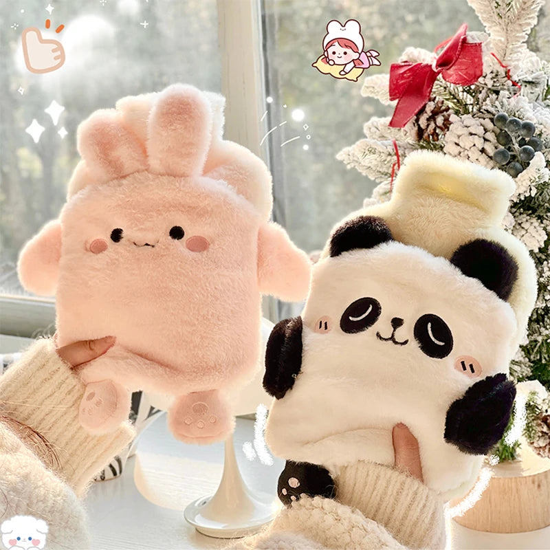 Two CozyCute cramp relief hot water bottles, one in pink color and the other in white & black , demonstrating the difference in size.