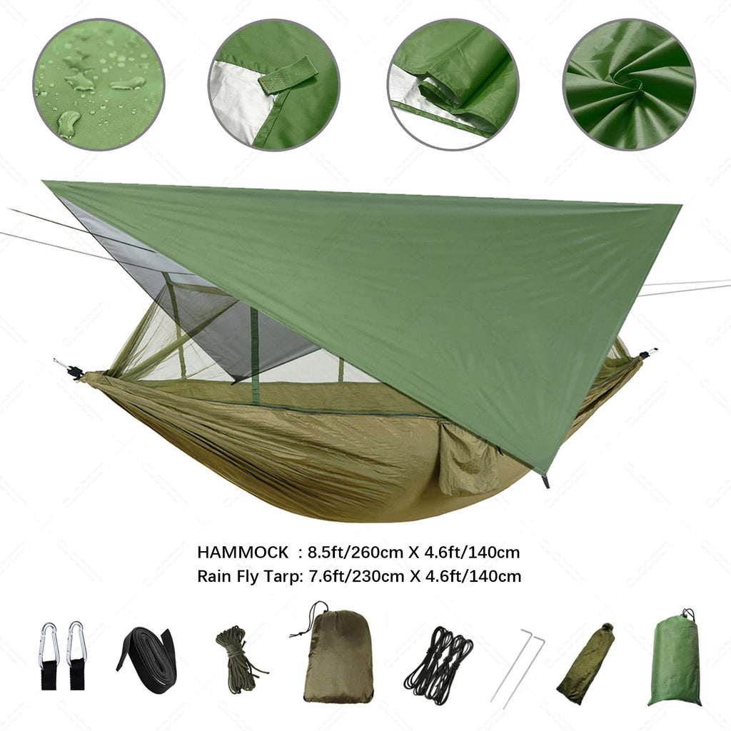 A Military Green & Green Ultimate Outdoor Adventure Hammock Shelter System fully assembled with its tarp. The image includes a close-up of the durable material, showcasing all included items.